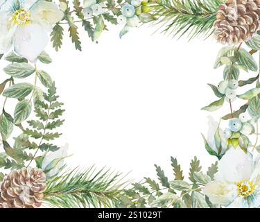 Cadre printanier floral avec fleurs blanches, feuilles vertes, branches de sapin. Illustration d'aquarelle dessinée à la main isolée sur blanc. Pour les cartes de vœux, invitati Banque D'Images