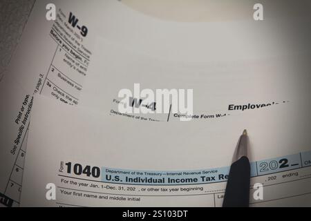 Documents de formulaire fiscal reposant sur une table. Banque D'Images