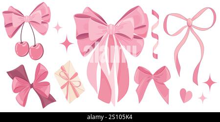 Ensemble d'arcs vectoriels roses, ruban et enveloppe enveloppés d'un arc rose. Bon pour les autocollants ou les éléments de conception fête d'anniversaire de célébration, Saint-Valentin Illustration de Vecteur