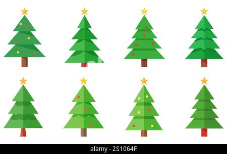 Icône d'arbre de Noël. Ensemble d'icônes vertes d'arbre de Noël. Symbole de Noël. Illustration de Vecteur