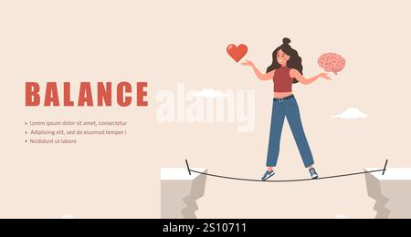 Équilibre cérébral et cardiaque. Concept d'intelligence émotionnelle. Personnage féminin trouver l'équilibre entre le cœur et le cerveau. Illustration vectorielle dans le dessin animé plat Illustration de Vecteur