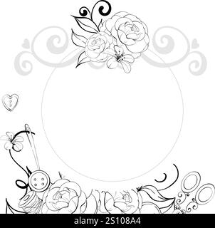 Cadre cercle vintage avec des roses pour étiquettes, design. Fleurs vintage à l'ancienne mode, tailoring pour carte postale, tissu, impression. Ligne vectorielle graphique, main Illustration de Vecteur