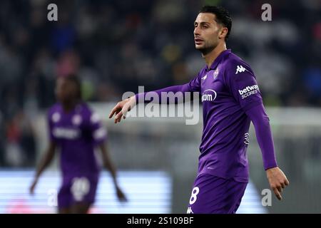 Turin, Italie. 29 décembre 2024. Rolando Mandragora de l'ACF Fiorentina gestes pendant le match de Serie A entre la Juventus FC et l'ACF Fiorentina au stade Allianz le 29 décembre 2024 à Turin, Italie . Crédit : Marco Canoniero/Alamy Live News Banque D'Images