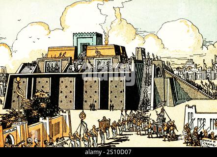 Une reconstruction du Ziggourat d'Ur. Donn Philip Crane (1878-1944). Le ziggourou d'Ur est un ziggourou néo-sumérien dans ce qui était la ville d'Ur près de Nasiriyah, dans l'actuelle province de Dhi Qar, en Irak. La structure a été construite au début de l'âge du bronze, mais était en ruines au vie siècle av. J.-C. de la période néo-babylonienne, quand elle a été restaurée par le roi Nabonidus. Banque D'Images
