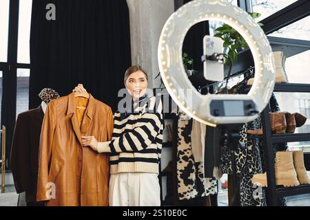 Femme attrayante présente des vêtements élégants et enregistre ses idées de mode pour les adeptes. Banque D'Images