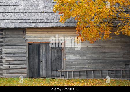 Un vieux hangar en bois ou hangar. Le hangar a un design simple avec de grandes portes solides et un toit de chaume. Le bâtiment est fait de bûches rondes aboutées toget Banque D'Images