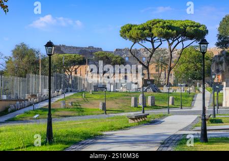 Paysage urbain de Rome, Italie : vue sur le parc archéologique de Celio avec un aperçu du Colisée en arrière-plan. Banque D'Images