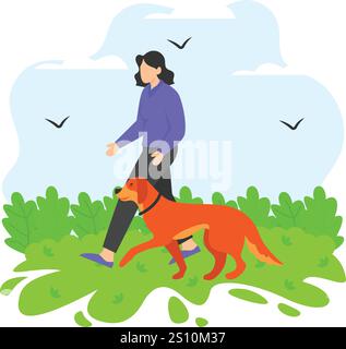 Chien femelle se promenant ou concept Walker, femme promenant son chien ou chien conception d'icône de couleur vectorielle de garderie, animal de compagnie d'accueil et symbole d'hôtel, animaux de chenil Illustration de Vecteur