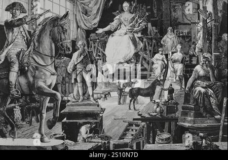 Vienne, Autriche. Atelier de sculpture de Kaspar von Zumbusch (1830-1915). Statues et reliefs pour le monument planifié en l'honneur de l'impératrice Marie-Thérèse d'Autriche (1717-1780). Dessin de la vie de W. Gause. Gravure par Vela. La Ilustracion Espanola y Americana (illustration espagnole et américaine), 22 mai 1884. Banque D'Images