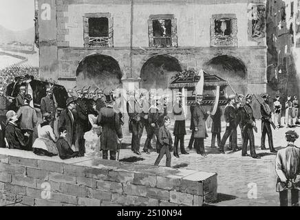 Histoire de l'Espagne. Castro Urdiales. Procession civique-religieuse en revenant du verger de l'Hôpital au cimetière de la ville, le 2 mai 1884, portant les urnes cinéraires contenant les restes mortels du défunt. Transfert au cimetière des restes des militaires blessés dans les combats de Somorrostro et de ceux qui sont morts à l'hôpital municipal en 1874. Commémoration du dixième anniversaire de la levée du siège de Bilbao (2 mai 1874), pendant la troisième guerre carliste (1872-1876). Dessin de Manuel Alcazar. Gravure par Arturo Carretero. La Ilustracion Espanola y Americana Banque D'Images