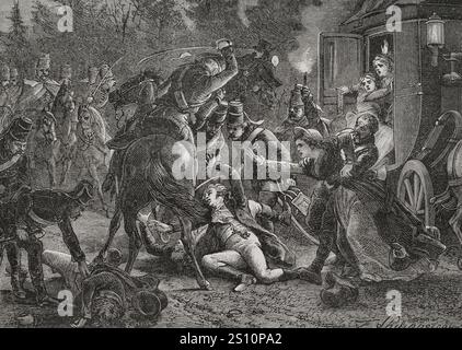 Assassinat des plénipotentiaires français à Rastatt, le 28 avril 1799. Bornnier, Debry et Roberjot ont été agressés par un groupe de soldats portant l'uniforme des hussards hongrois. Jean Debry s'est échappé malgré des blessures graves. Dessin de Philippoteaux. Gravure de Meaulle. "Histoire de la Révolution française". Volume I, 2e partie, 1879. Banque D'Images