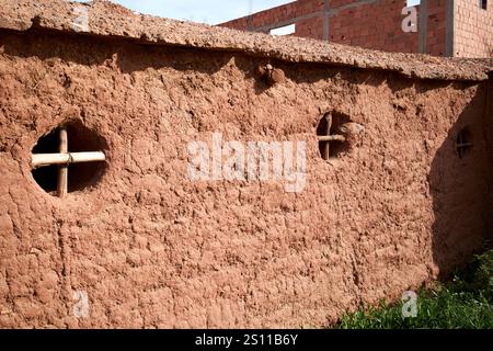 petites fenêtres ouvertes et murs de boue womans argan collective dans une maison berbère traditionnelle en boue et bois à azrou maroc Banque D'Images