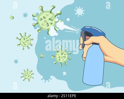 Pulvérisateurs à main humains, pulvérisateurs antiseptiques. Service de désinfection, bouteille d'agent antibactérien de nettoyage, lutte contre les bactéries en aérosol, voiture d'affiche de désinfectant Illustration de Vecteur