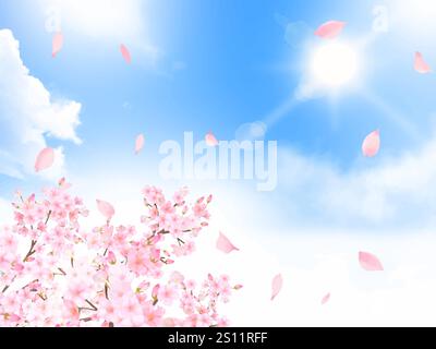 Illustration de fond de cadre vectoriel de belles et magnifiques fleurs de cerisier et de pétales dansant dans le ciel bleu frais du printemps avec des nuages. Illustration de Vecteur