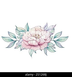 Une belle pivoine fleurit gracieusement, entourée de feuilles vertes douces, mettant en valeur l'art délicat des techniques d'aquarelle et des couleurs douces Illustration de Vecteur