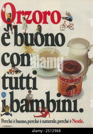 1981 Italian Nestlé Orzoro ad - boisson chaude italienne traditionnelle à base d'orge grillée et moulue. Banque D'Images