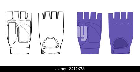 Gants d'entraînement violet dessin animé et maquette plate croquis de mode accessoire de main vêtements d'haltérophilie vêtement d'illustration technique. Vue arrière de paume avant de vecteur pour hommes, femmes, modèle de style unisexe CAD Illustration de Vecteur