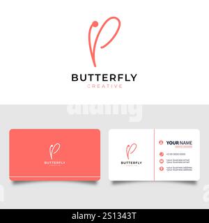Papillon lettre P avec carte de visite. Illustration créative de logo vectoriel de salon de beauté. Illustration de Vecteur