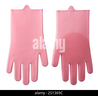 paire de gants de lave-vaisselle en silicone rose avec fond blanc isolé de paume texturé, outil de nettoyage ménager protègent les mains de laver la vaisselle Banque D'Images