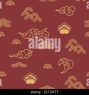 Asian Clouds Flowers Seamless Pattern Illustration de Vecteur
