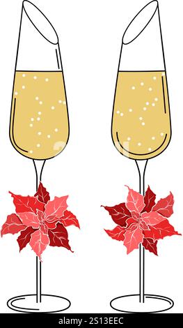 Verres de champagne avec illustration vectorielle de fleurs poinsettia. Minimalisme Illustration de Vecteur