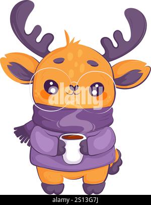 Charmant cerf de dessin animé portant une écharpe violette et un pull, tenant une tasse de café fumant, parfait pour les thèmes de l'hiver. Illustration de Vecteur