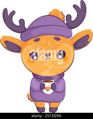 Adorable cerf de bande dessinée portant un chapeau d'hiver violet et un pull, tenant une tasse de boisson chaude, parfait pour des conceptions confortables. Illustration de Vecteur