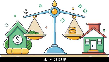 Illustration vectorielle à thème financier dynamique d'une balance pesant l'argent et l'immobilier, symbolisant les choix financiers et l'équité Illustration de Vecteur