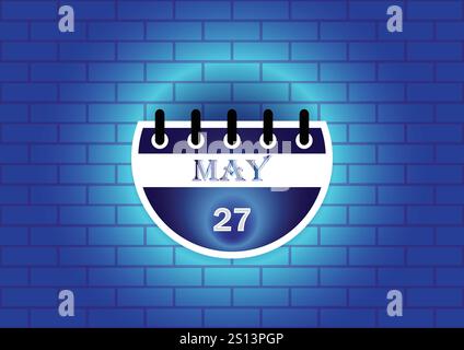 Une page de calendrier stylisée montrant le 27 mai. La conception comporte un calendrier circulaire contre un mur de briques bleues, mis en évidence avec une lueur douce. Illustration de Vecteur