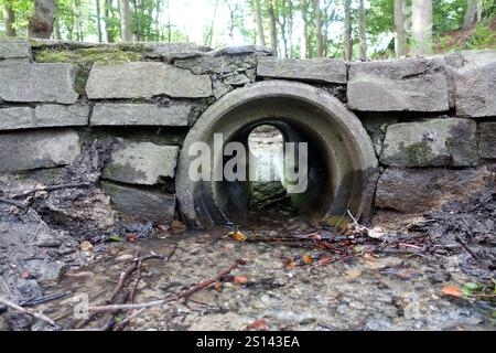 Pont simple en pierre naturelle et tube de béton dans la forêt, Allemagne, Rhénanie du Nord-Westphalie, région de la Ruhr, Castrop-Rauxel Banque D'Images