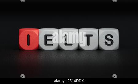 Presse-papiers avec texte IELTS sur graphiques financiers. Analytique d'affaires et concept de stratégie.Close up des éléments en bois, concept d'affaires. Banque D'Images