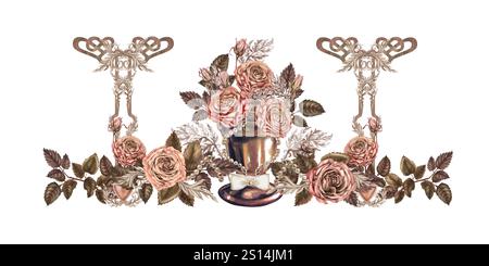 Bordure horizontale avec roses roses, vignettes, symbole de coeur. Clipart aquarelle vintage pour mariage Banque D'Images