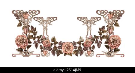 Bordure horizontale avec roses roses, vignettes, symbole de coeur. Clipart aquarelle vintage pour mariage Banque D'Images
