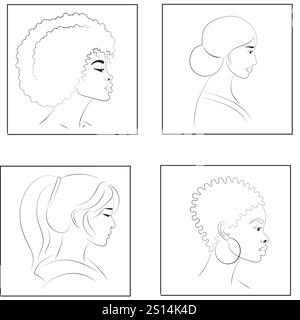 Ensemble de quatre portraits : femmes afro-américaines, amérindiennes, asiatiques et afro-américaines Illustration de Vecteur
