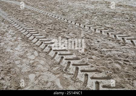 Traces de la bande de roulement d'un camion hors route laissées dans le sable sur la plage. Banque D'Images