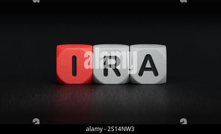 IRA mot de compte de retraite individuel sur bloc de cube en bois.Close up des éléments en bois, Business concept.3D rendu sur fond noir. Banque D'Images