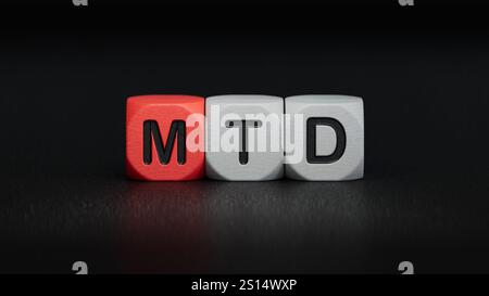 Concept de mtd sur cubes en bois.Close up d'éléments en bois, Business concept.3D rendu sur fond noir. Banque D'Images