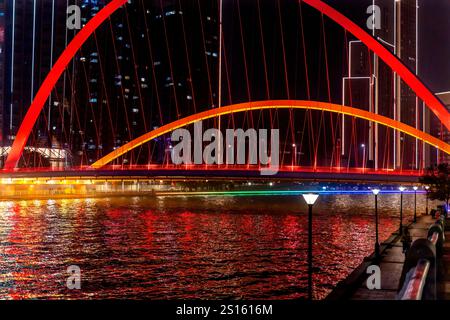 Coloré Tianjin World Financial Center Red Dagu Bridge Old Buildings nuit illuminé la rivière Hai Tianjin Chine. Construit en 2005. Passerelle piétonne.. Banque D'Images