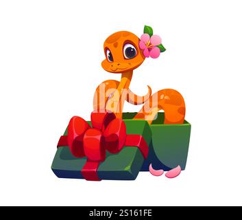 Personnage drôle de serpent de dessin animé chinois du nouvel an lunaire orné d'une fleur assise dans la boîte cadeau avec un arc rouge, surprise pour la célébration de 2025. Vecteur serpent zodiaque reptile joyeux et amical Illustration de Vecteur