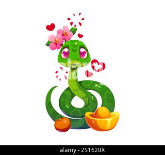 Personnage de serpent de dessin animé de la Saint-Valentin avec des accessoires de fleur rose et des yeux en forme de coeur, entouré de symboles d'amour et de lingots traditionnels de sirop d'or chinois et de mandarine symbole de prospérité Illustration de Vecteur