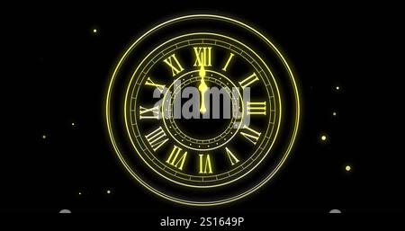 Image de l'horloge montrant minuit et feux d'artifice explosant sur fond noir Banque D'Images