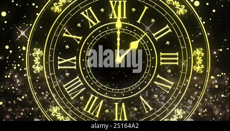 Image de l'horloge montrant minuit et feux d'artifice explosant sur fond noir Banque D'Images