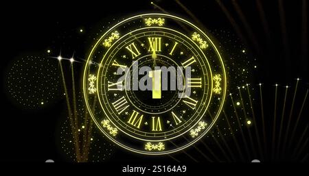 Image de l'horloge montrant minuit et feux d'artifice explosant sur fond noir Banque D'Images