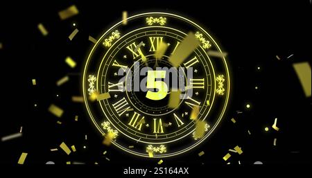 Image de l'horloge montrant minuit et feux d'artifice explosant sur fond noir Banque D'Images