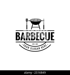 Vintage hipster Grill Barbeque invitation barbecue barbecue partie avec spatule de fourche croisée et conception de flamme de feu logo Illustration de Vecteur