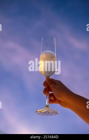 Une main tenant un verre de Prosecco ou de vin mousseux avec un ciel de coucher de soleil coloré sur le fond Banque D'Images