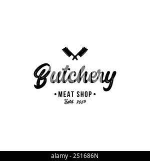 Boucherie et boucherie lettrage écrit à la main logo, étiquette, badge, emblème. Modèle pour boutique, couverture, autocollant, impression, travaux d'entreprise. Rétro vintage s Illustration de Vecteur