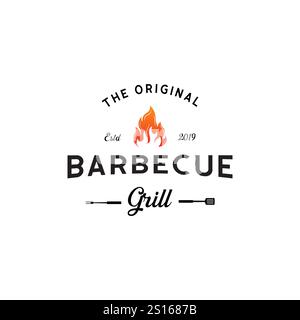 Vintage hipster Grill Barbeque invitation barbecue barbecue partie avec spatule de fourche croisée et conception de flamme de feu logo Illustration de Vecteur