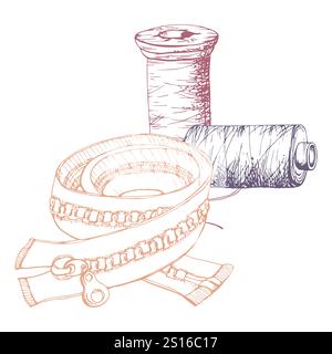 Bobines de fil en bois bobines, fermeture éclair de vêtements. Illustration vectorielle d'encre dessinée à la main couture fournitures d'artisanat. Composition isolée sur fond blanc Illustration de Vecteur