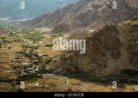 Vallée agricole verte avec des champs en terrasses et rivière serpentant à travers les montagnes arides du Ladakh, Sakti Village Banque D'Images